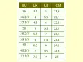 Tabela rozmiarów obuwia: EU, UK, US, CM. Pomaga wybrać odpowiedni rozmiar, np. 7 US to 38 2/3 EU i 23,3 cm.