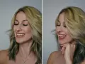 Uśmiechnięta kobieta z blond włosami i złotym kolczykiem w nosie (nasallang piercing). Na drugim zdjęciu pokazuje język.