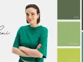 Modelka w butelkowej zieleni. Obok paleta barw: khaki, pistacjowy, limonkowy, szmaragdowy. Jaki kolor pasuje do butelkowej zieleni?