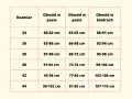 Tabela rozmiarów od 34 do 44. Rozmiar 40 odpowiada obwodowi w pasie 91-94 cm i biodrach 99-102 cm.