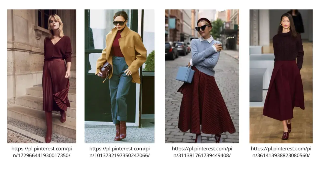 Eleganckie stylizacje w odcieniach koloru burgundowego: plisowana spódnica i sweter, płaszcz i spodnie, sukienka i sweter, spódnica i golf.