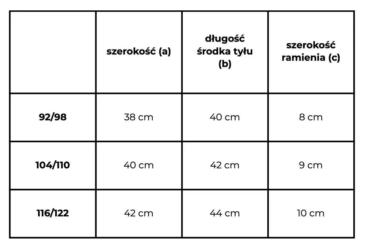 Tabela rozmiarów odzieży: rozmiar 116/122 odpowiada wiekowi ok. 6-7 lat, szerokość 42 cm, długość 44 cm, szerokość ramienia 10 cm.