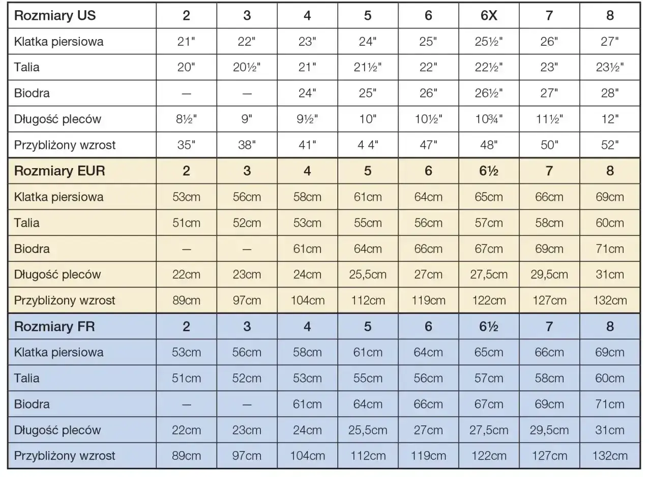 Tabela rozmiarów odzieży: US, EUR, FR. Rozmiar 146 odpowiada wiekowi ok. 10-12 lat, wzrostowi 146 cm.