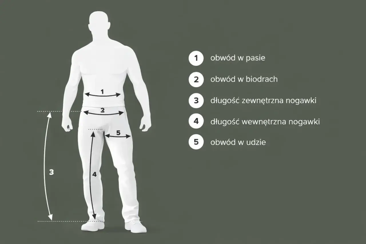 Ilustracja pokazuje, jak zmierzyć rozmiar spodni: obwód w pasie (1), biodrach (2), udzie (5) oraz długość zewnętrzną (3) i wewnętrzną (4) nogawki.