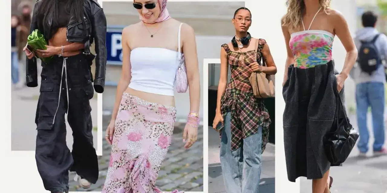 Stylizacje inspirowane y2k: skórzana kurtka, kwiecista spódnica, krata i kolorowy top.