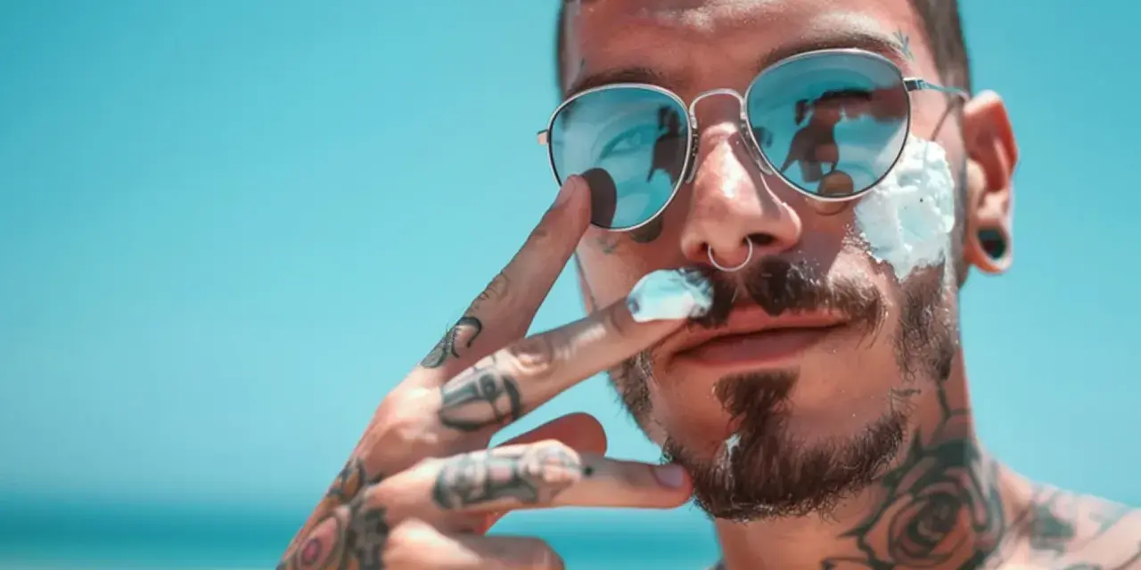 Mężczyzna z tatuażami i monroe piercingiem nakłada krem z filtrem na twarz, odbijając się w okularach.
