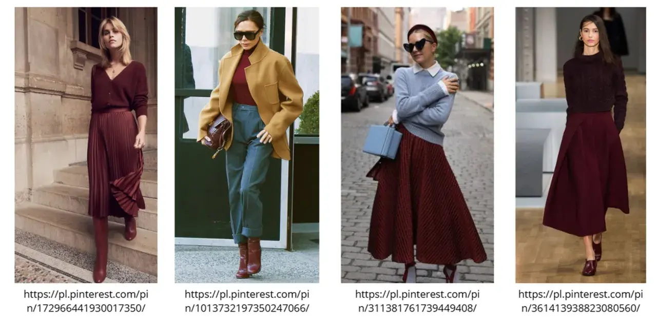 Eleganckie stylizacje w odcieniach koloru burgundowego: plisowana spódnica i sweter, płaszcz i spodnie, sukienka i sweter, spódnica i golf.