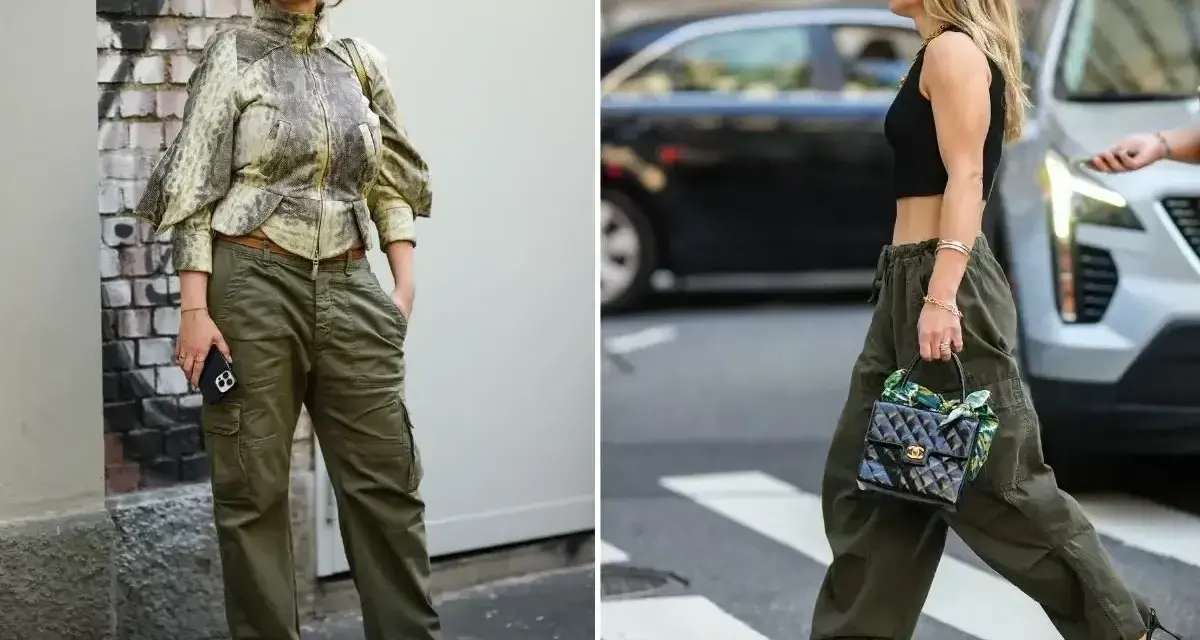 Dwie kobiety prezentują modne kolor khaki stylizacje. Jedna w kurtce z wzorem i bojówkach, druga w krótkim topie i luźnych spodniach.