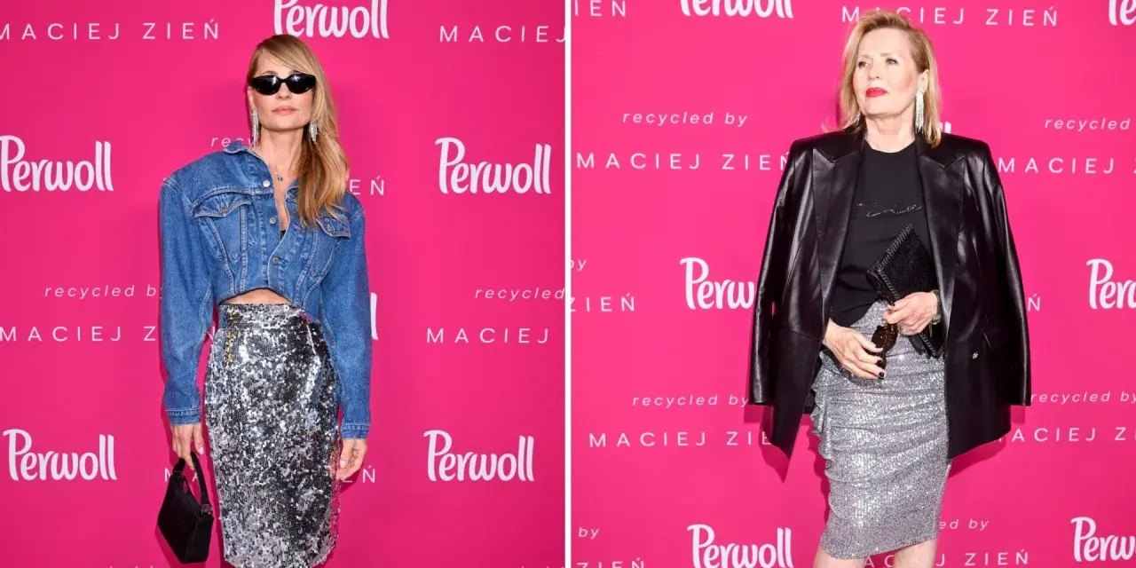 Dwie kobiety prezentują stylizacje ze srebrną spódnicą: jedna w jeansowej kurtce crop top, druga w skórzanej ramonesce. Inspiracja, co założyć do srebrnej spódnicy.
