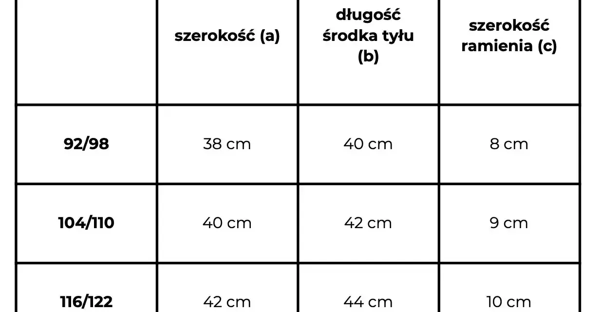 Tabela rozmiarów odzieży: rozmiar 116/122 odpowiada wiekowi ok. 6-7 lat, szerokość 42 cm, długość 44 cm, szerokość ramienia 10 cm.