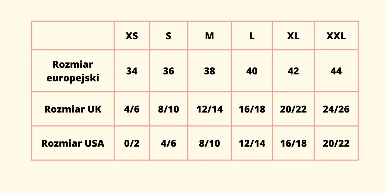 Tabela rozmiarów odzieży: europejski 38, UK 12/14, USA 8/10. Jaki to rozmiar 4?