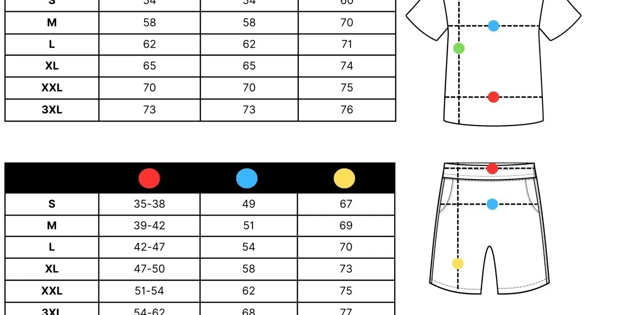 Tabela rozmiarów odzieży. Rozmiar 38 w pasie to 49 cm, a w biodrach 67 cm.