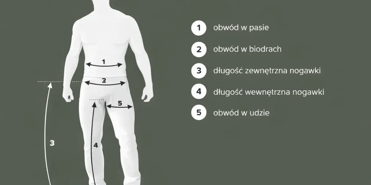 Ilustracja pokazuje, jak zmierzyć rozmiar spodni: obwód w pasie (1), biodrach (2), udzie (5) oraz długość zewnętrzną (3) i wewnętrzną (4) nogawki.