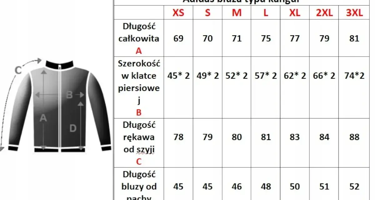 Tabela rozmiarów bluzy Adidas kangur. Rozmiar 56 męski odpowiada XL, gdzie szerokość w klatce to 62*2, a długość rękawa od szyi 83.