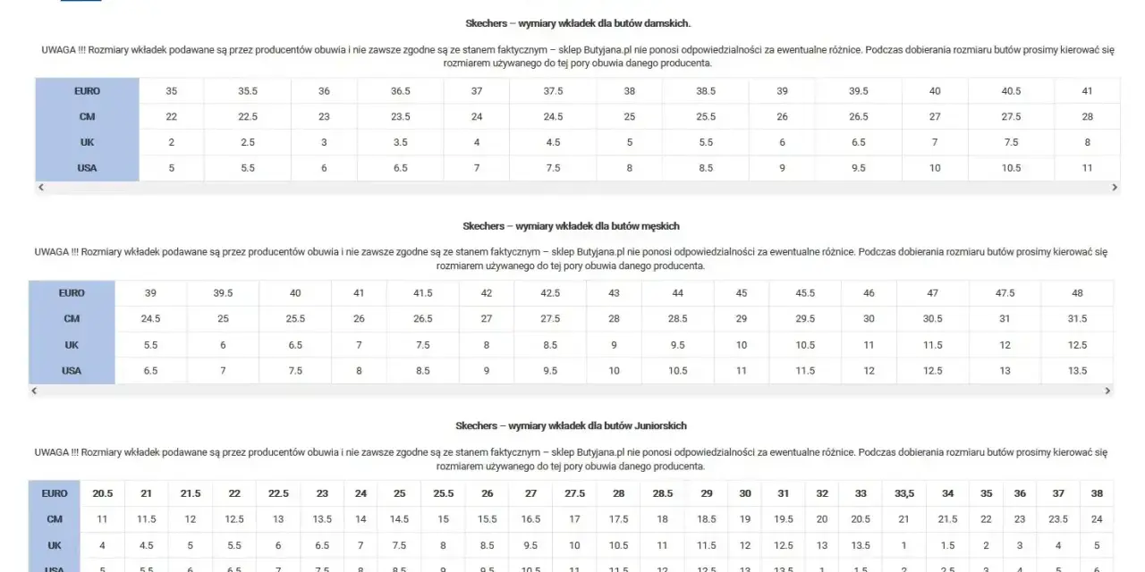 Tabela rozmiarów Skechers: damskie, męskie, juniorskie. Sprawdź, jaki to rozmiar us 9 w centymetrach lub EUR.