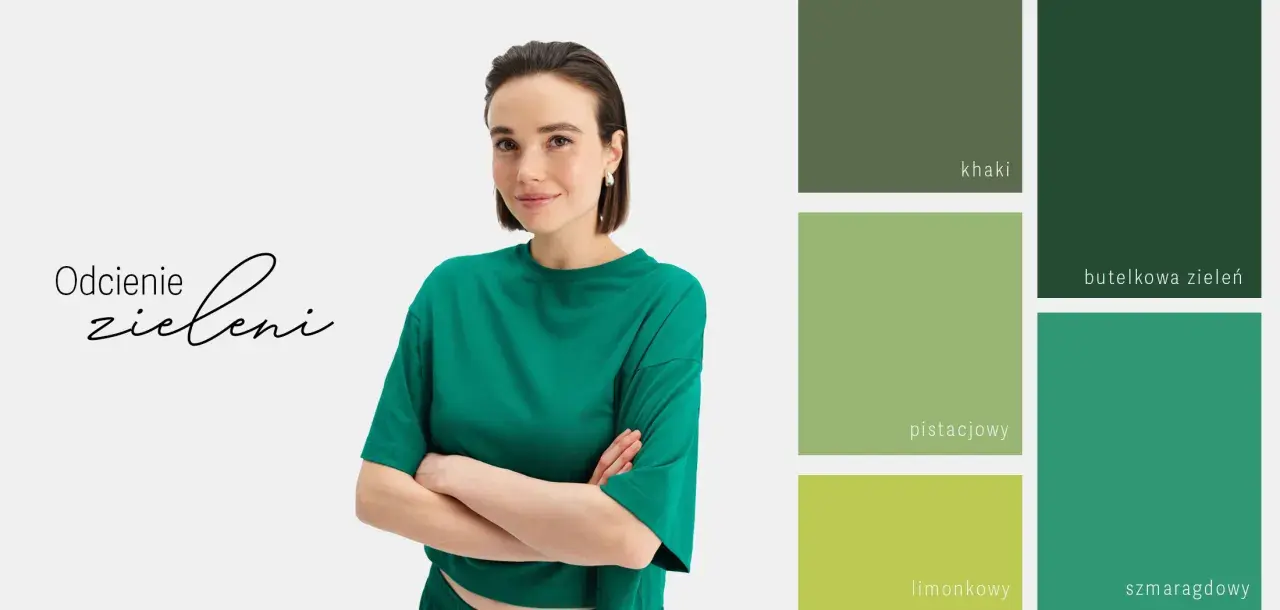Modelka w butelkowej zieleni. Obok paleta barw: khaki, pistacjowy, limonkowy, szmaragdowy. Jaki kolor pasuje do butelkowej zieleni?
