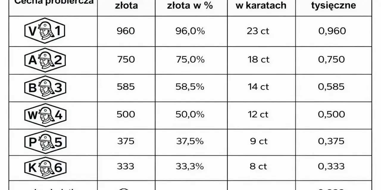 Tabela cech probierczych złota: próba złota 375 odpowiada 37,5% czystego złota, 9 karatom i jednostce 0,375.