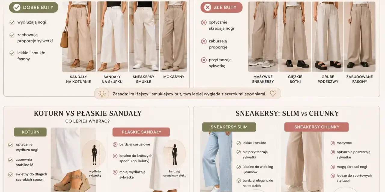 Dobre buty do szerokich eleganckich spodni to lekkie i smukłe sandały na koturnie lub słupku, które wydłużają nogi i zachowują proporcje sylwetki.