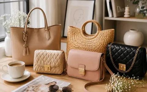 Kolekcja torebek: beżowy shopper, pikowana beżowa kopertówka, pudrowy różowy listonoszka i czarna pikowana torebka na łańcuszku. Znane marki torebek w eleganckiej aranżacji.