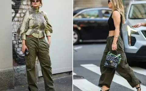 Dwie kobiety prezentują modne kolor khaki stylizacje. Jedna w kurtce z wzorem i bojówkach, druga w krótkim topie i luźnych spodniach.
