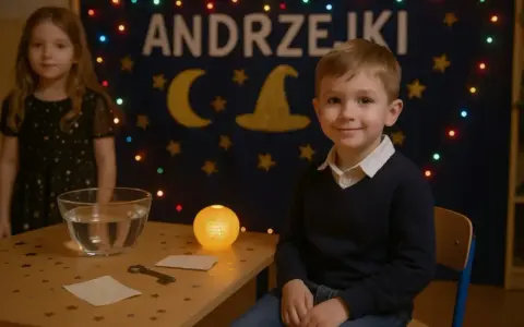 Chłopiec w sweterku i dziewczynka w sukience z gwiazdkami czekają na wróżby. Idealny strój na andrzejki to coś magicznego!