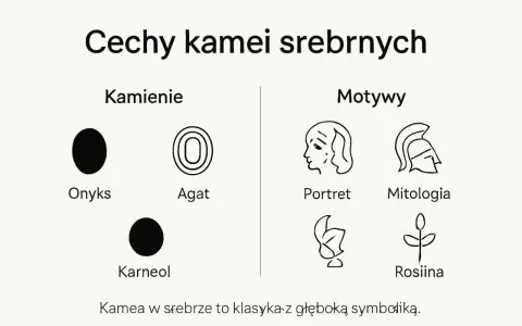 Kamea co to? Grafika przedstawia cechy kamei srebrnych: kamienie (onyks, agat, karneol) i motywy (portret, mitologia, roślina).