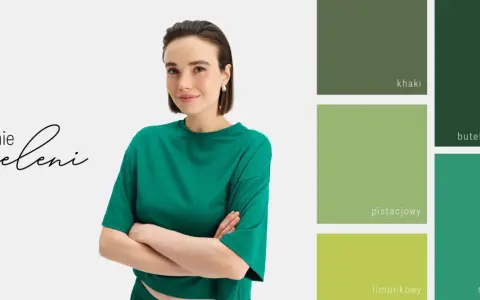 Modelka w butelkowej zieleni. Obok paleta barw: khaki, pistacjowy, limonkowy, szmaragdowy. Jaki kolor pasuje do butelkowej zieleni?