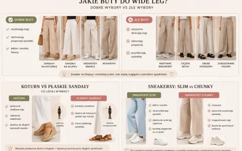 Dobre buty do szerokich eleganckich spodni to lekkie i smukłe sandały na koturnie lub słupku, które wydłużają nogi i zachowują proporcje sylwetki.