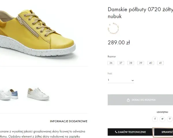 Żółte półbuty damskie 0720 z zamkiem i sznurówkami. Sprawdź, co to jest długość wkładki buta, aby dobrać idealny rozmiar.