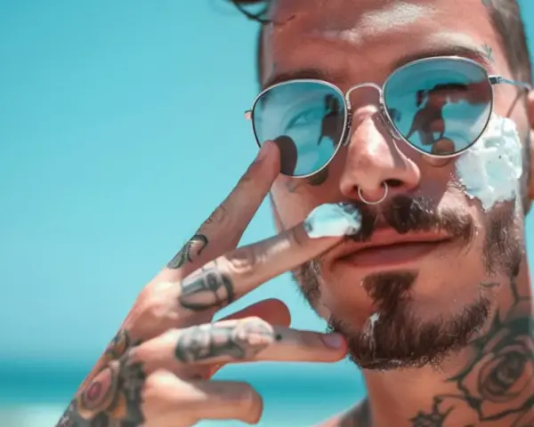 Mężczyzna z tatuażami i monroe piercingiem nakłada krem z filtrem na twarz, odbijając się w okularach.
