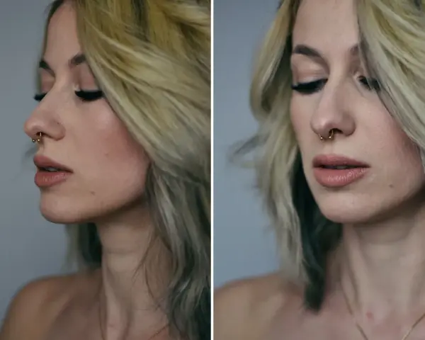 Kobieta z blond włosami i złotym kółkiem w nosie, podkreślającym jej septum.