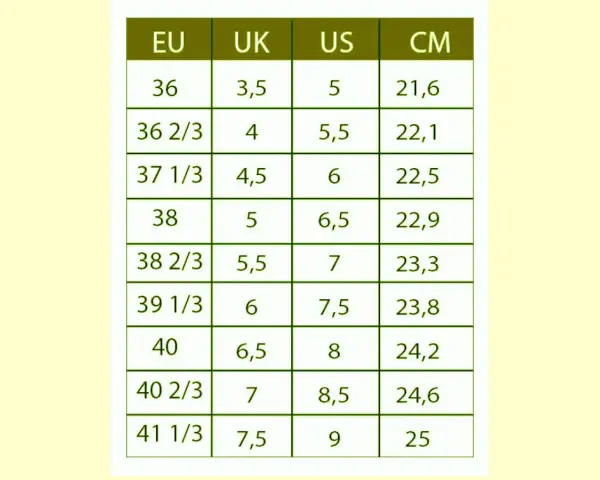 Tabela rozmiarów obuwia: EU, UK, US, CM. Pomaga wybrać odpowiedni rozmiar, np. 7 US to 38 2/3 EU i 23,3 cm.