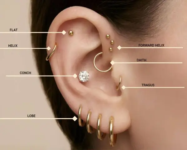 Złote kolczyki w uchu: flat, helix, conch, lobe, forward helix, daith, tragus. Różne nazwy kolczyków w uchu.