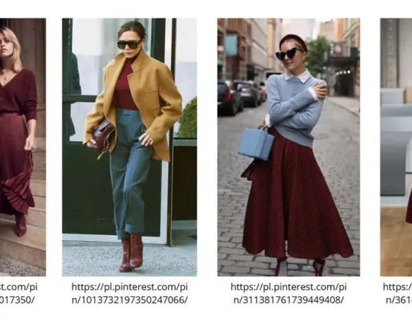 Eleganckie stylizacje w odcieniach koloru burgundowego: plisowana spódnica i sweter, płaszcz i spodnie, sukienka i sweter, spódnica i golf.