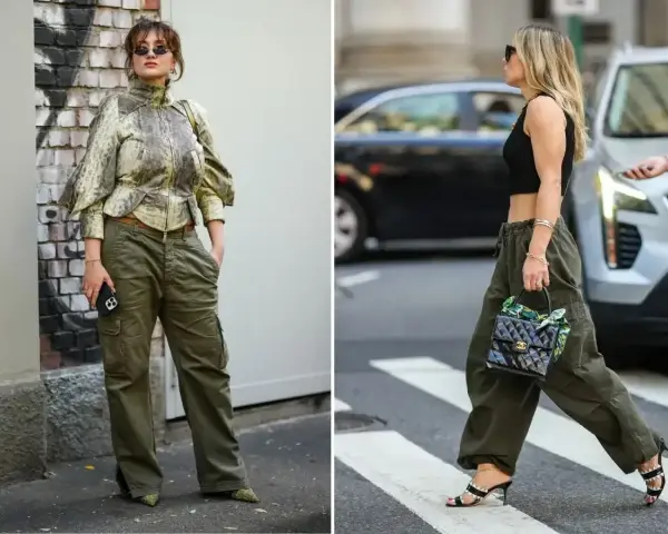 Dwie kobiety prezentują modne kolor khaki stylizacje. Jedna w kurtce z wzorem i bojówkach, druga w krótkim topie i luźnych spodniach.