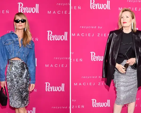 Dwie kobiety prezentują stylizacje ze srebrną spódnicą: jedna w jeansowej kurtce crop top, druga w skórzanej ramonesce. Inspiracja, co założyć do srebrnej spódnicy.