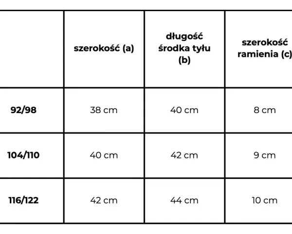Tabela rozmiarów odzieży: rozmiar 116/122 odpowiada wiekowi ok. 6-7 lat, szerokość 42 cm, długość 44 cm, szerokość ramienia 10 cm.