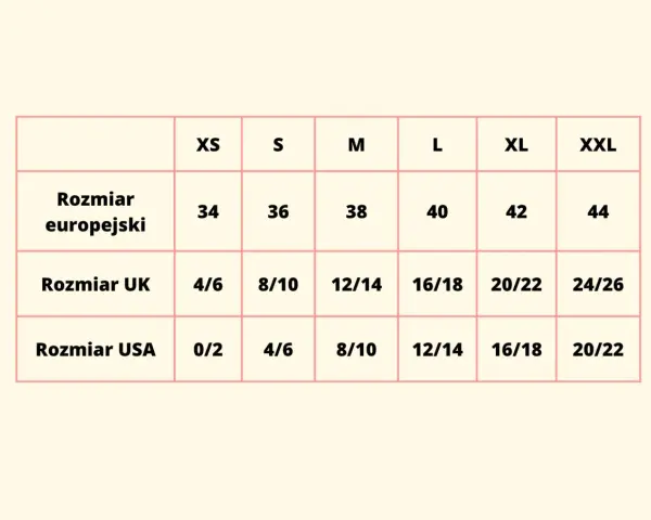 Tabela rozmiarów odzieży: europejski 38, UK 12/14, USA 8/10. Jaki to rozmiar 4?