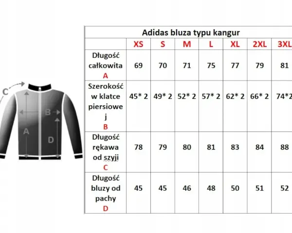 Tabela rozmiarów bluzy Adidas kangur. Rozmiar 56 męski odpowiada XL, gdzie szerokość w klatce to 62*2, a długość rękawa od szyi 83.