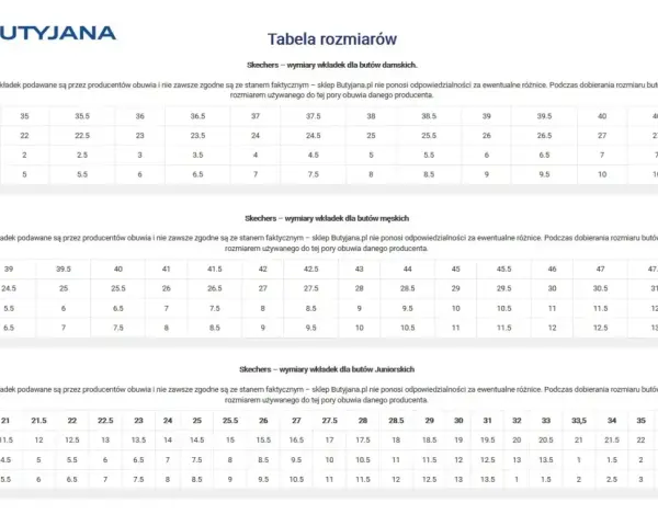 Tabela rozmiarów Skechers: damskie, męskie, juniorskie. Sprawdź, jaki to rozmiar us 9 w centymetrach lub EUR.