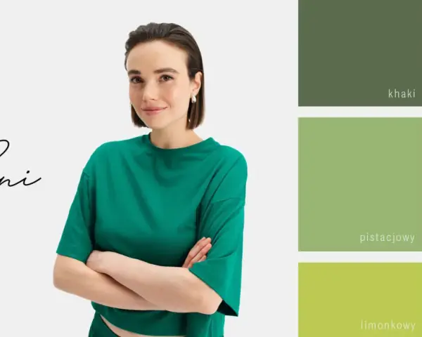 Modelka w butelkowej zieleni. Obok paleta barw: khaki, pistacjowy, limonkowy, szmaragdowy. Jaki kolor pasuje do butelkowej zieleni?