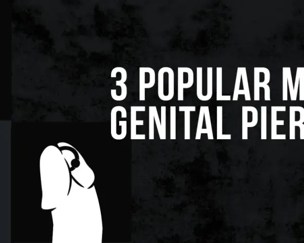 Ilustracje pokazują trzy rodzaje piercingu penisa: pierścień, sztangę i kółko.