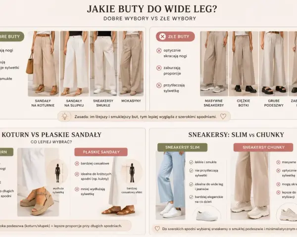 Dobre buty do szerokich eleganckich spodni to lekkie i smukłe sandały na koturnie lub słupku, które wydłużają nogi i zachowują proporcje sylwetki.