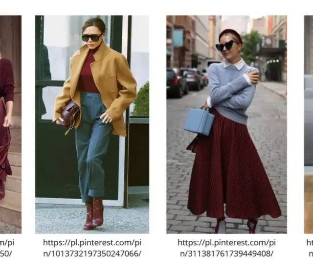 Eleganckie stylizacje w odcieniach koloru burgundowego: plisowana spódnica i sweter, płaszcz i spodnie, sukienka i sweter, spódnica i golf.