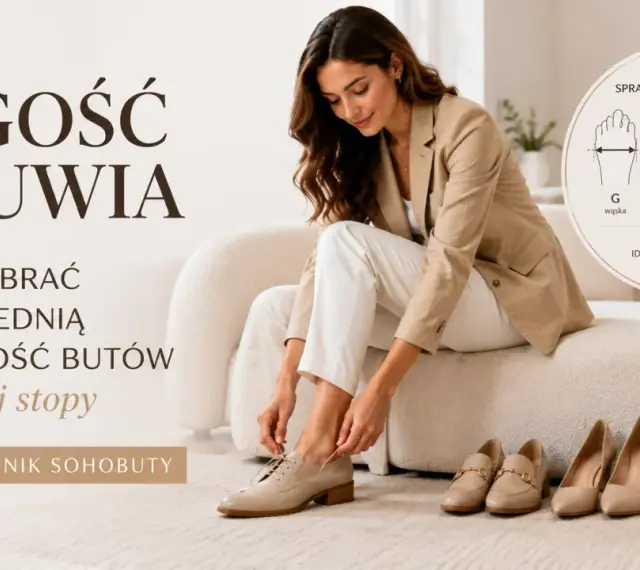 Kobieta dobiera buty, sprawdzając tęgość obuwia. Poradnik pokazuje, jak dopasować szerokość butów do stopy.