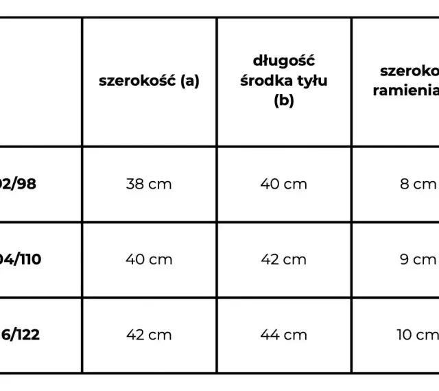 Tabela rozmiarów odzieży: rozmiar 116/122 odpowiada wiekowi ok. 6-7 lat, szerokość 42 cm, długość 44 cm, szerokość ramienia 10 cm.