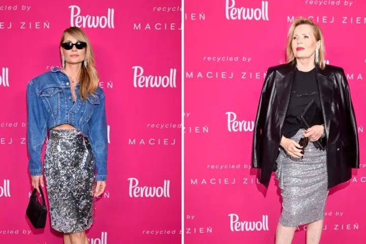 Dwie kobiety prezentują stylizacje ze srebrną spódnicą: jedna w jeansowej kurtce crop top, druga w skórzanej ramonesce. Inspiracja, co założyć do srebrnej spódnicy.