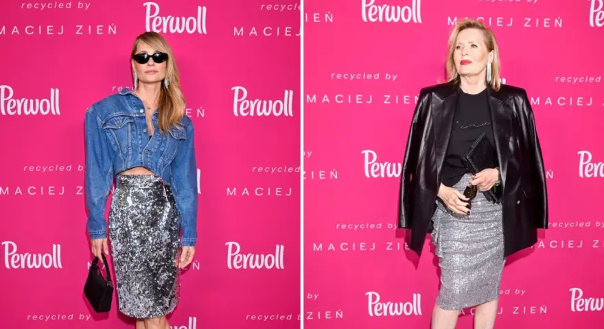 Dwie kobiety prezentują stylizacje ze srebrną spódnicą: jedna w jeansowej kurtce crop top, druga w skórzanej ramonesce. Inspiracja, co założyć do srebrnej spódnicy.