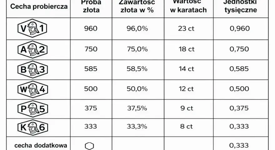 Tabela cech probierczych złota: próba złota 375 odpowiada 37,5% czystego złota, 9 karatom i jednostce 0,375.