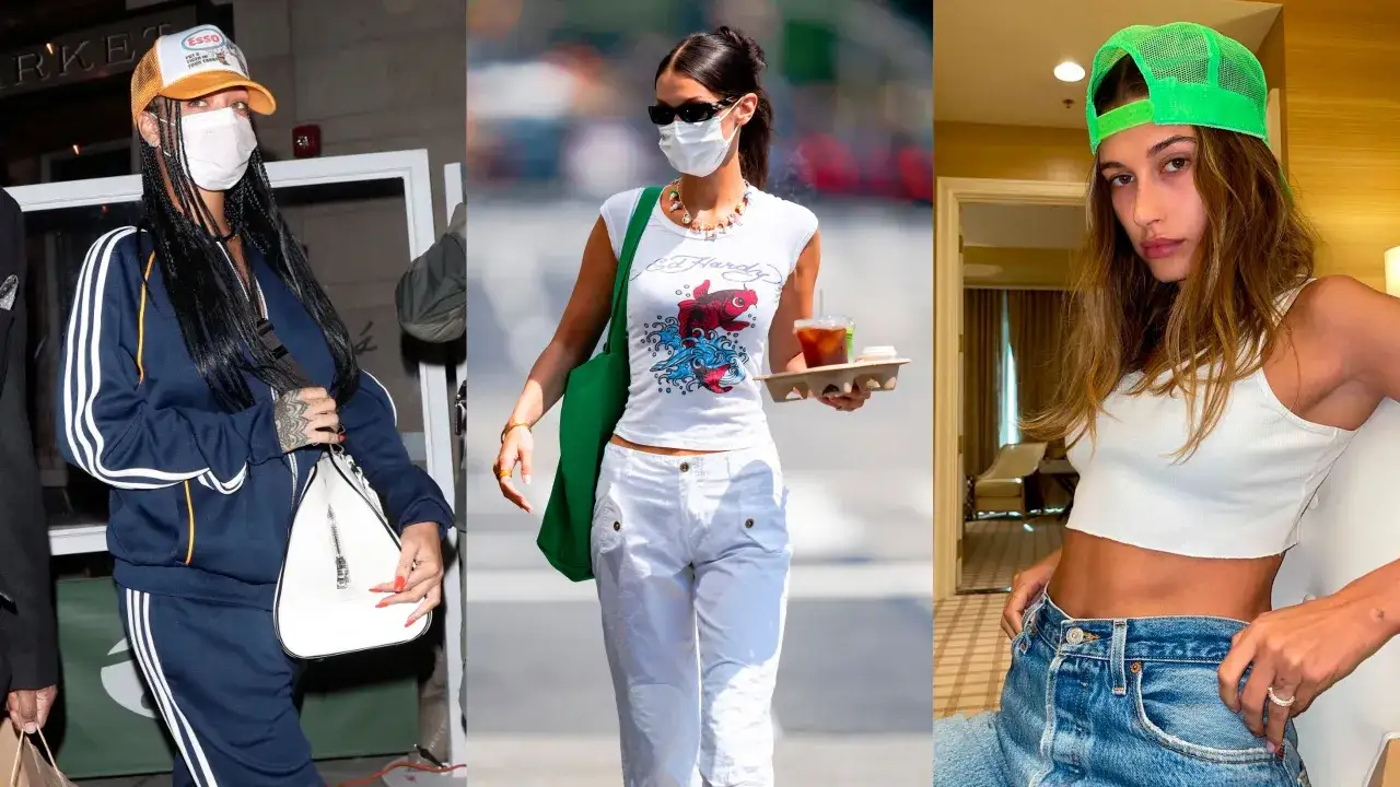 Rihanna, Bella Hadid i Hailey Bieber w stylizacjach inspirowanych y2k. Krótkie topy, szerokie spodnie i kolorowe czapki to kwintesencja tego stylu.